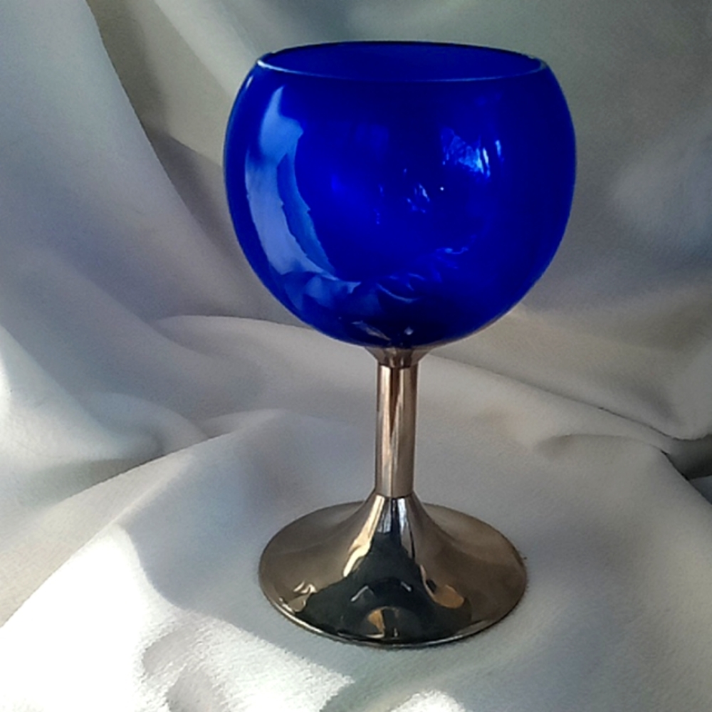 Beautiful cobalt blue wine glass with silver plated stem
